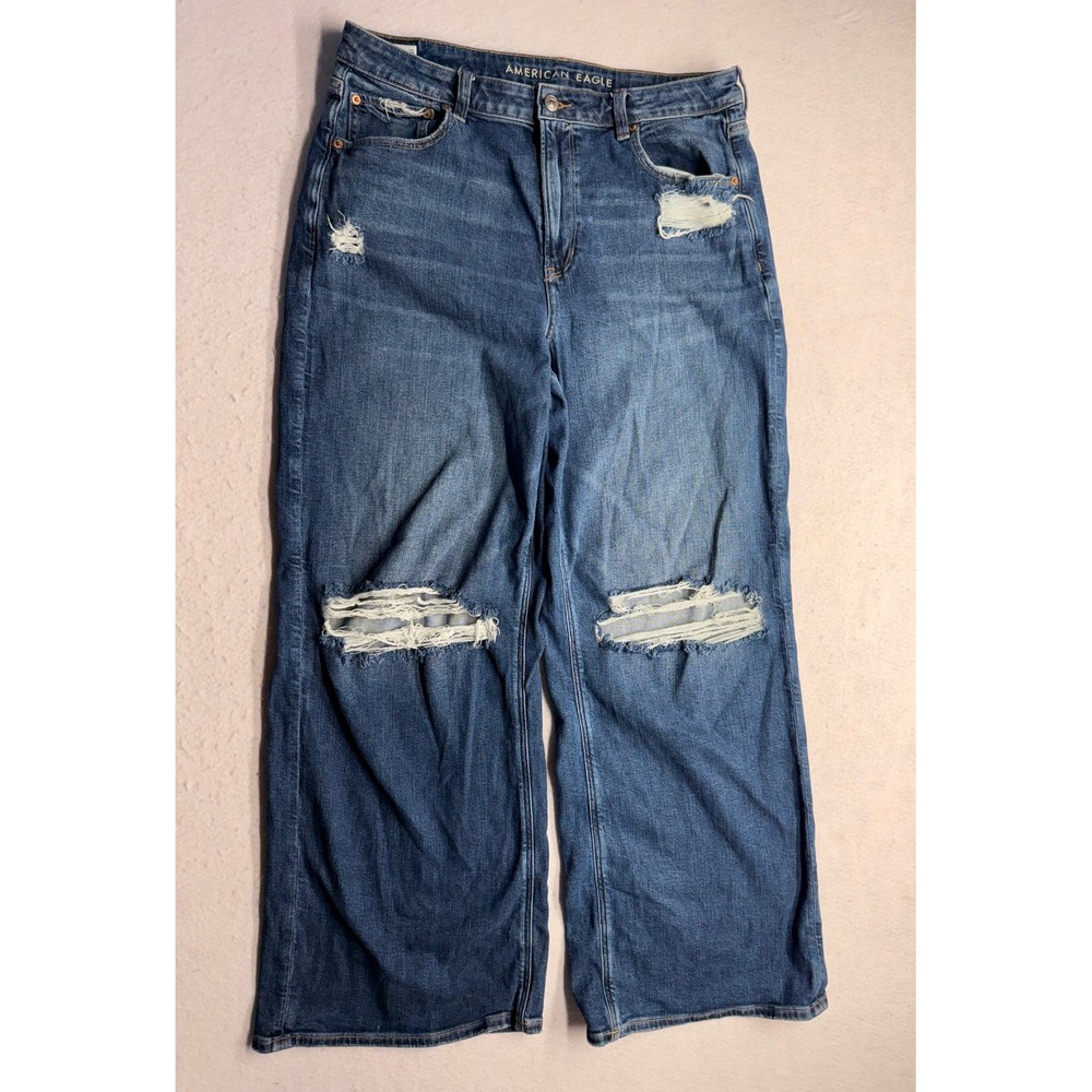 American Eagle Super High-Rise Baggy Wide Leg Distressed Jeans Blue Size 16 Reg